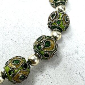 Enameled Green & Silver-Tone Vintage Beads With Intricate Detailing